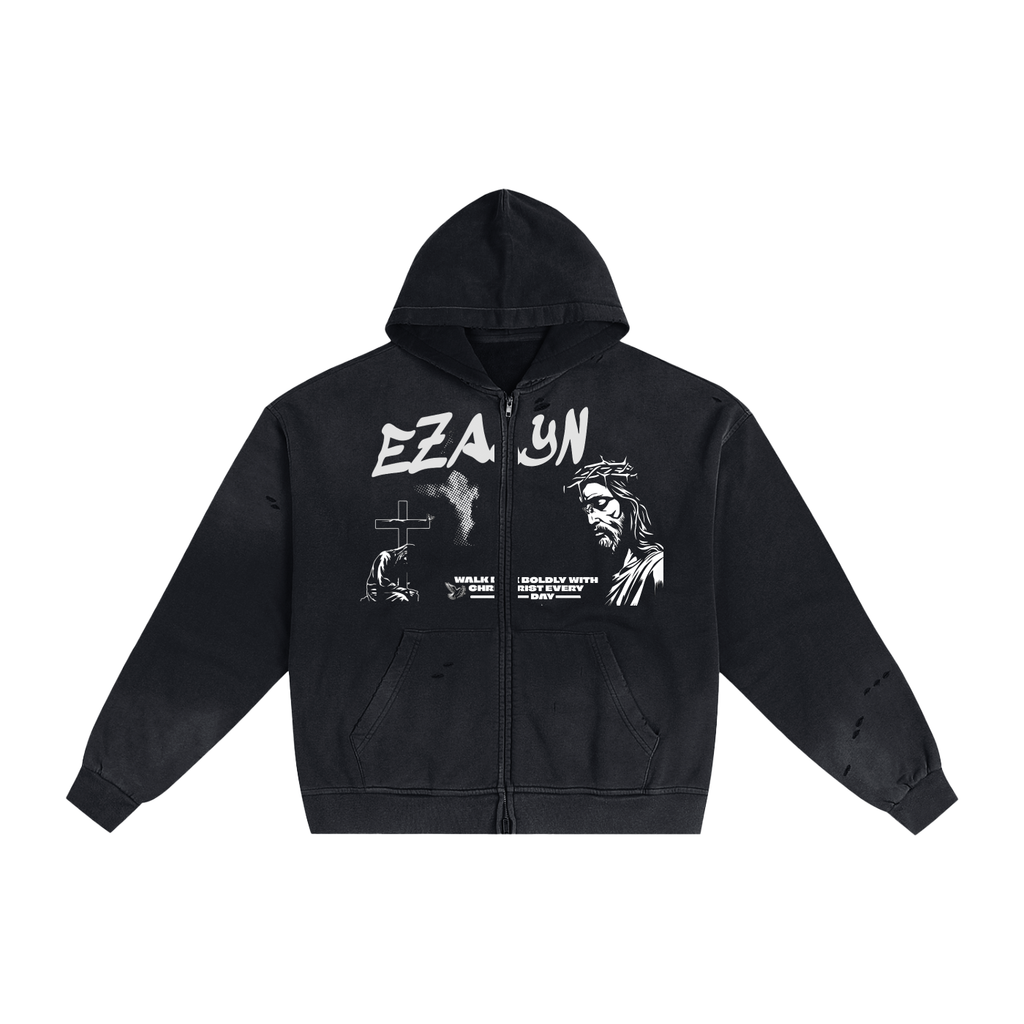 Hand-Frayed Sunfade Zip Hoodie